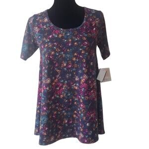 LuLaRoe "Perfect T" Purple with Flowers T-shirt Short Sleeve Scoop Neck Size XXS
